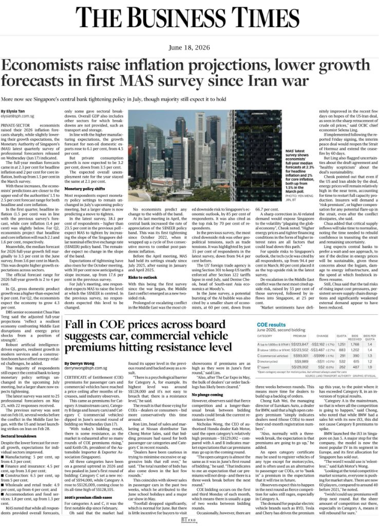 Economists raise inflation projections, lower growth forecasts in first MAS survey since Iran war