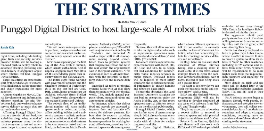Punggol Digital District to host large-scale AI robot trials