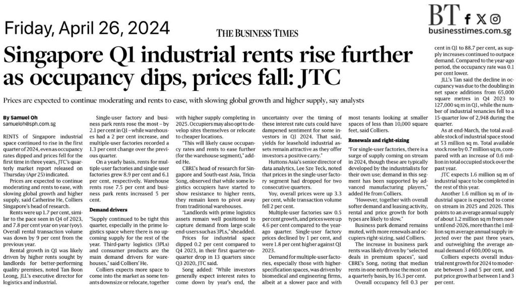 Industrial space prices increase 1.4%, rents up 2% for Q3: JTC