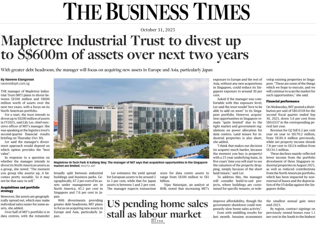 Mapletree Industrial Trust to divest up to S$600m of assets over next two years