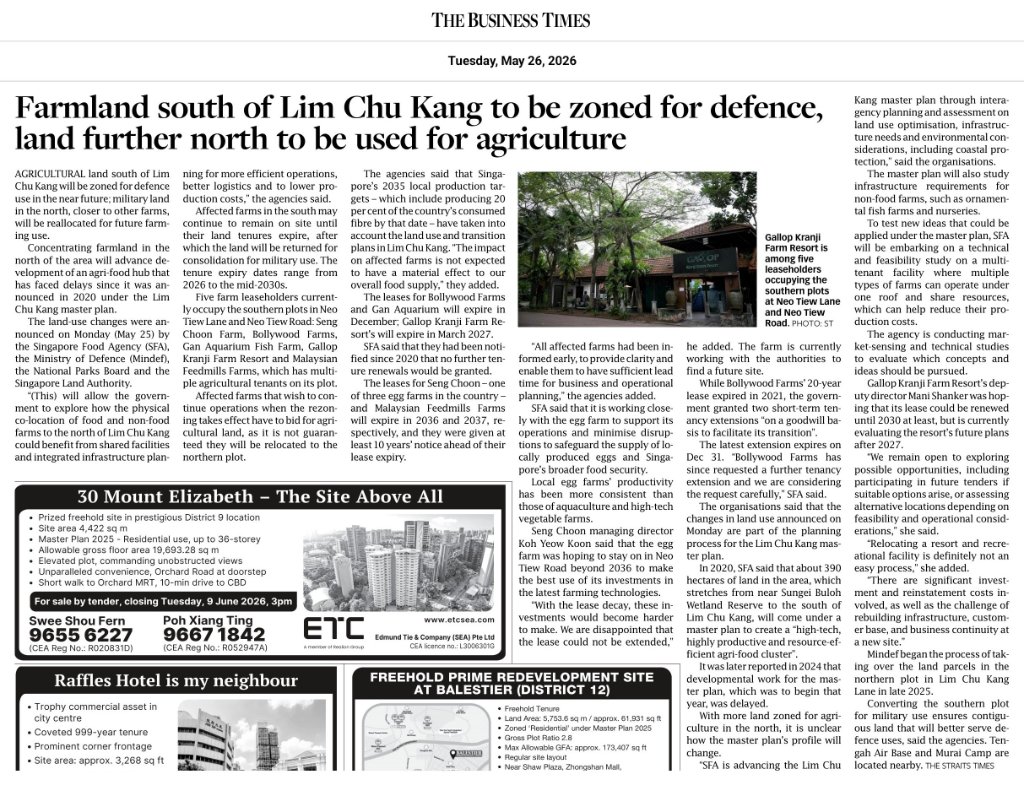 Farmland south of Lim Chu Kang to be zoned for defence; land further north for agriculture