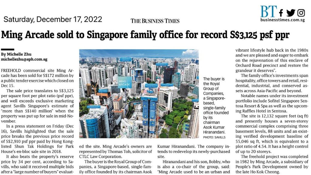Ming Arcade sold to Singapore family office for record S$3,125 psf ppr
