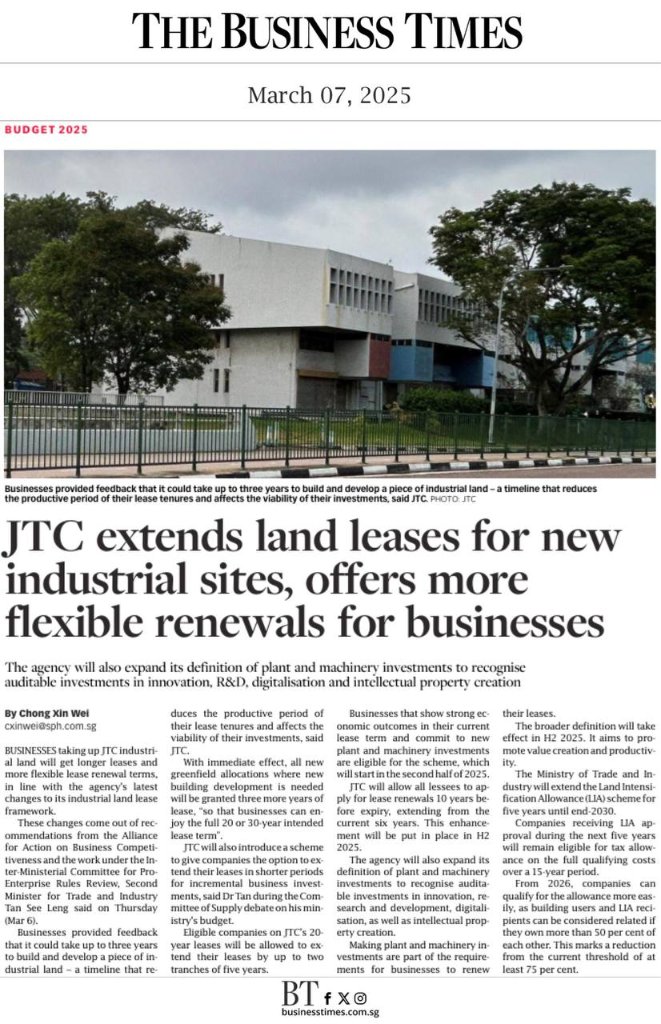 Prices, rents of industrial space in Singapore continue to rise in Q3: JTC