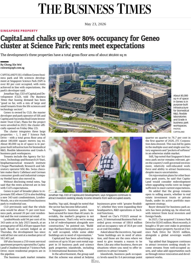 CapitaLand chalks up over 80% occupancy for Geneo cluster at Science Park; rents meet expectations