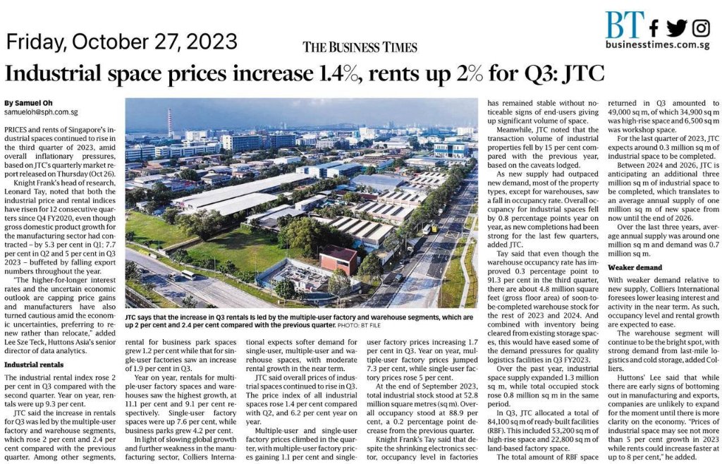 Singapore Q1 industrial rents rise further as occupancy dips, prices fall: JTC