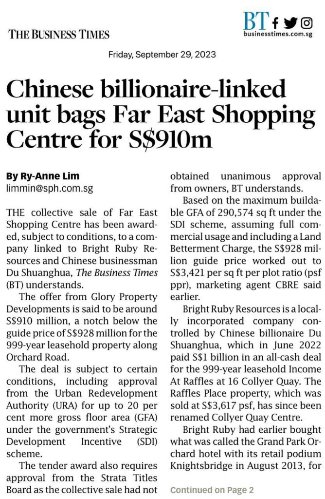 Chinese billionaire-linked unit bags Far East Shopping Centre for S$910m