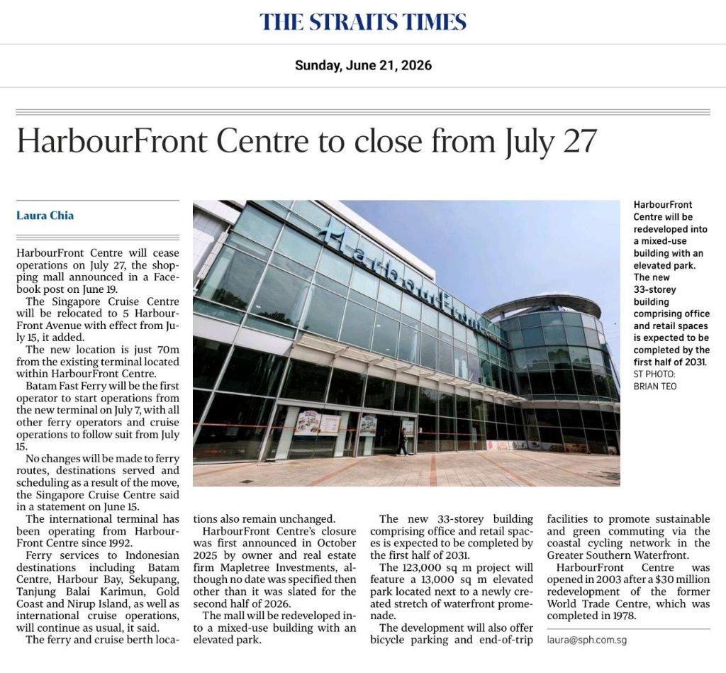 HarbourFront Centre to close from July 27