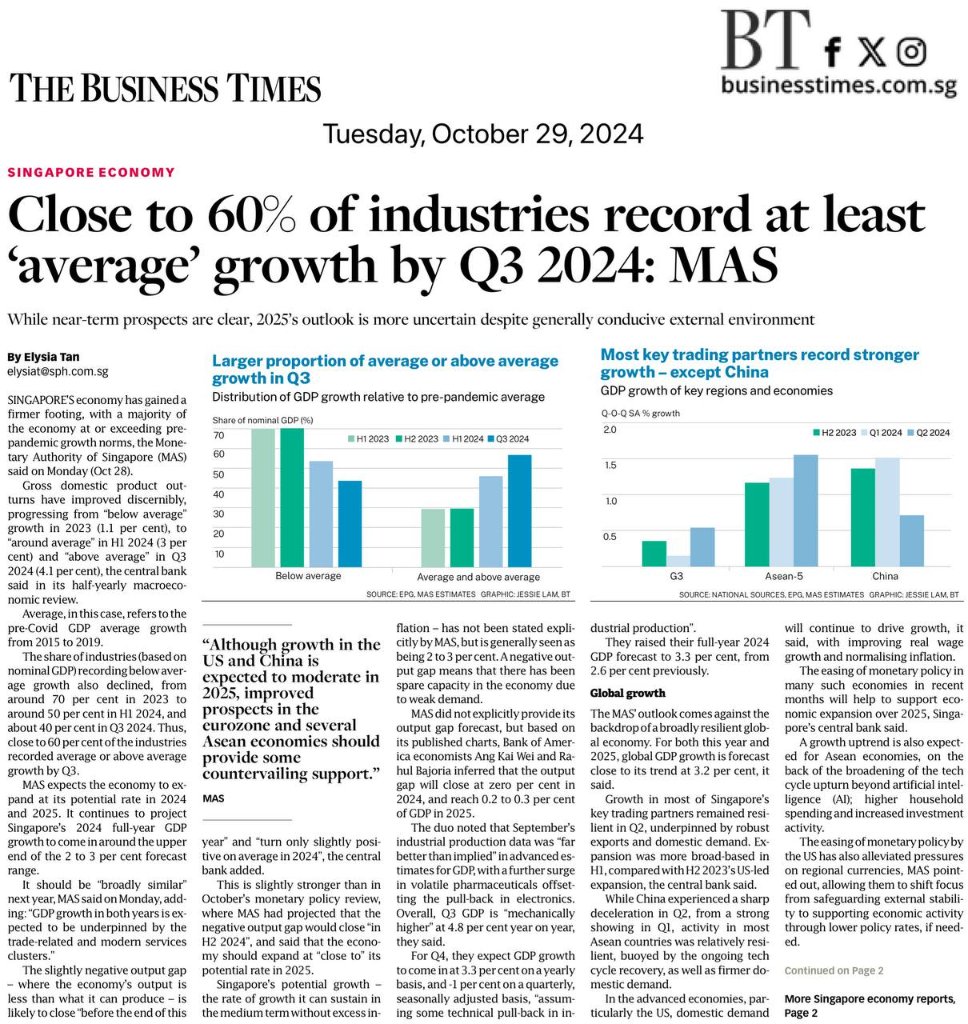 Close to 60% of industries record at least 'average' growth by Q3 2024: MAS