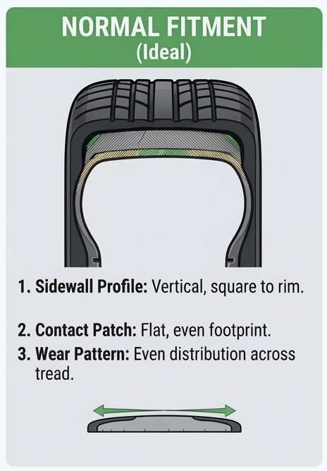 Normal fitment (ideal) — vertical sidewalls, flat even contact patch, even tread wear