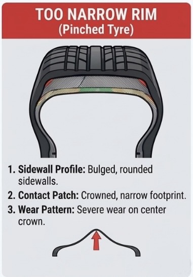 Too narrow rim (pinched tyre) — bulged sidewalls, crowned narrow contact patch, centre crown wear