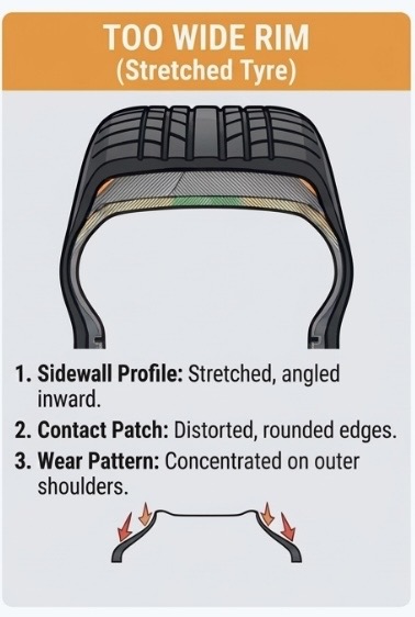 Too wide rim (stretched tyre) — sidewalls angled inward, distorted contact patch, shoulder wear