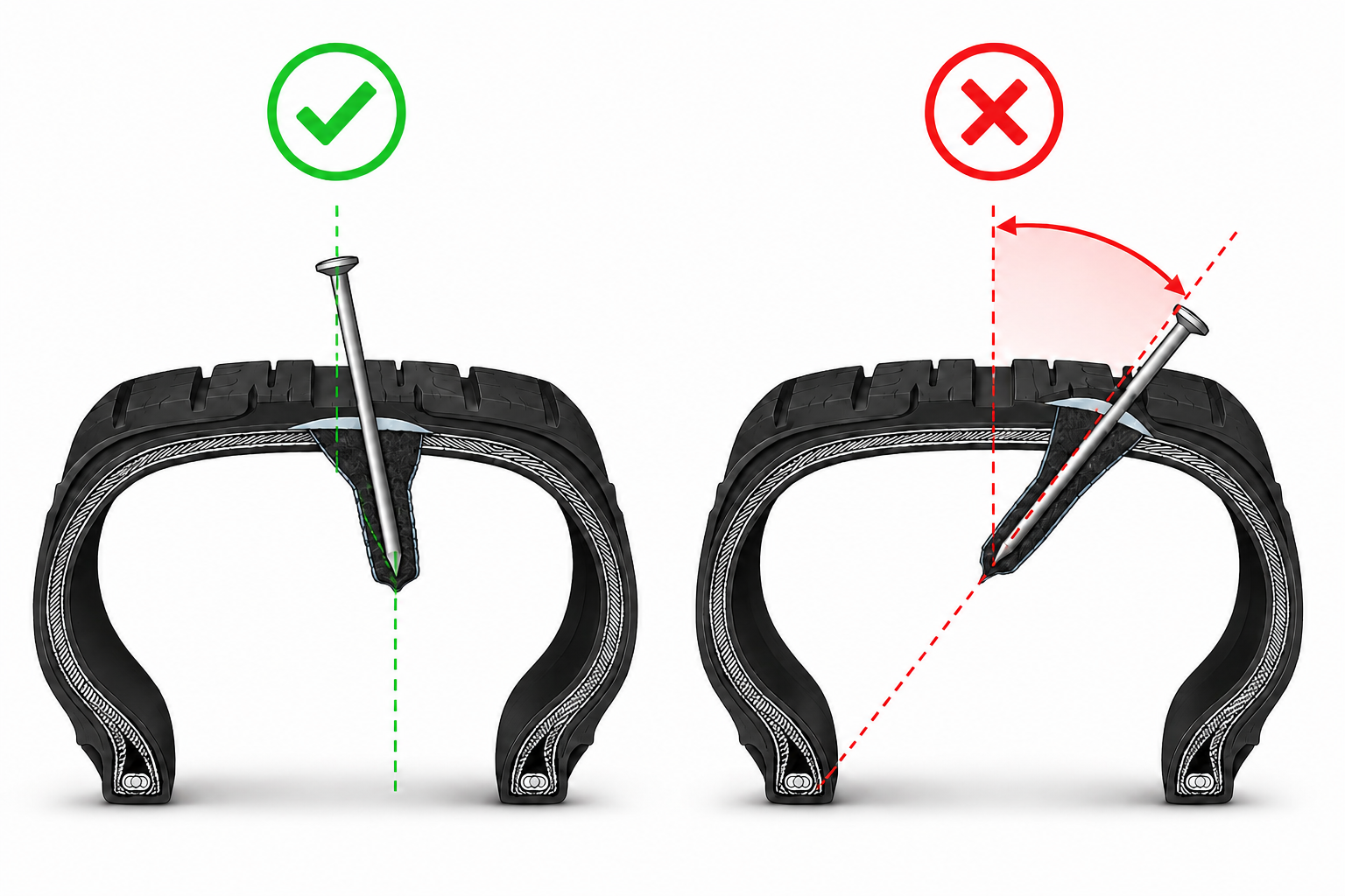 Side-by-side tyre cross-sections: a near-vertical green nail within the 45 degree limit (acceptable) and a steeply angled red nail beyond 45 degrees from vertical (not repairable).