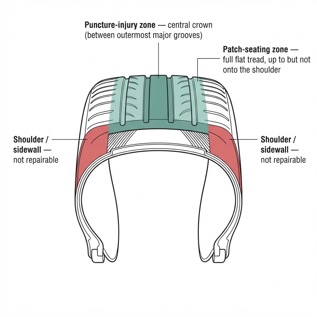 Diagram of a tyre showing two repairable zones: a solid green puncture-injury zone across the central crown, a lighter green patch-seating zone extending to but not onto the shoulder, and the shoulder and sidewall marked as non-repairable.