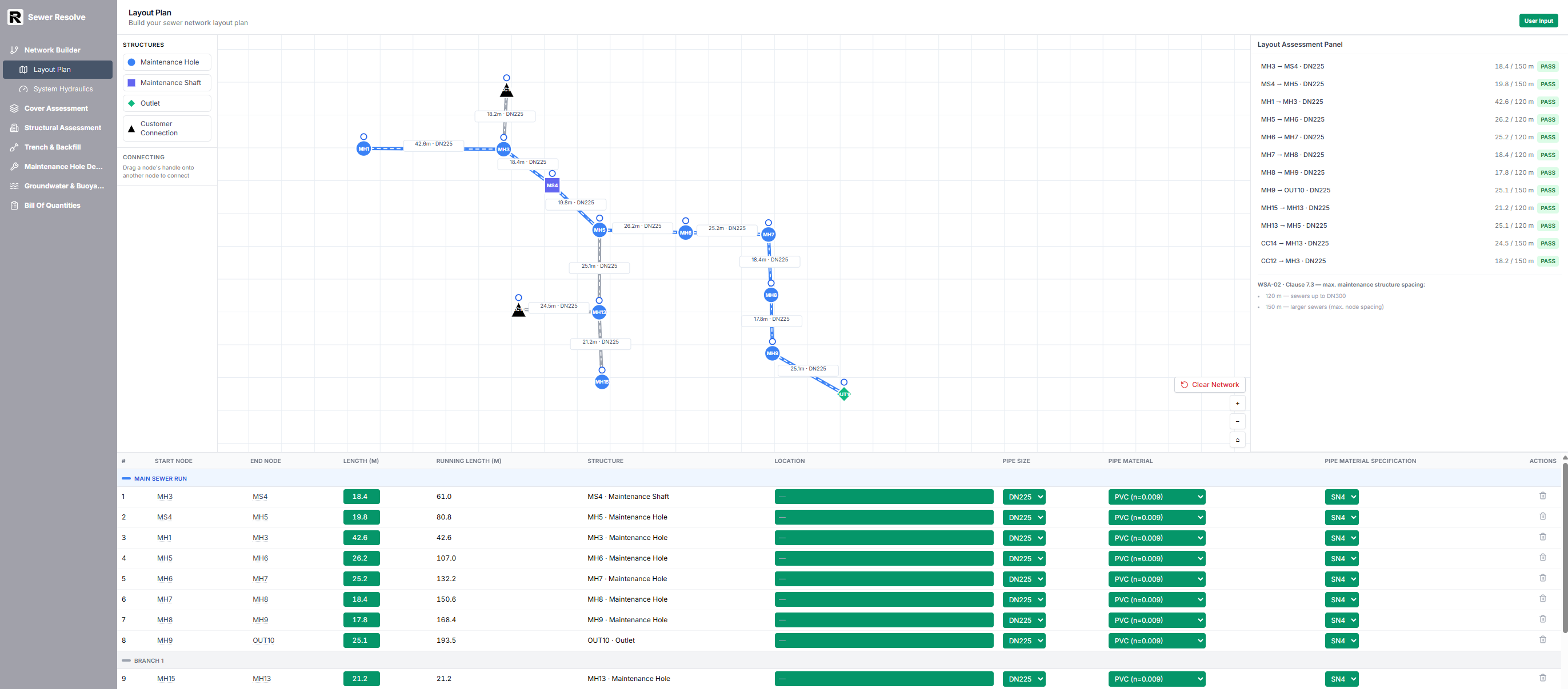 Layout Plan network builder with pipe segment table