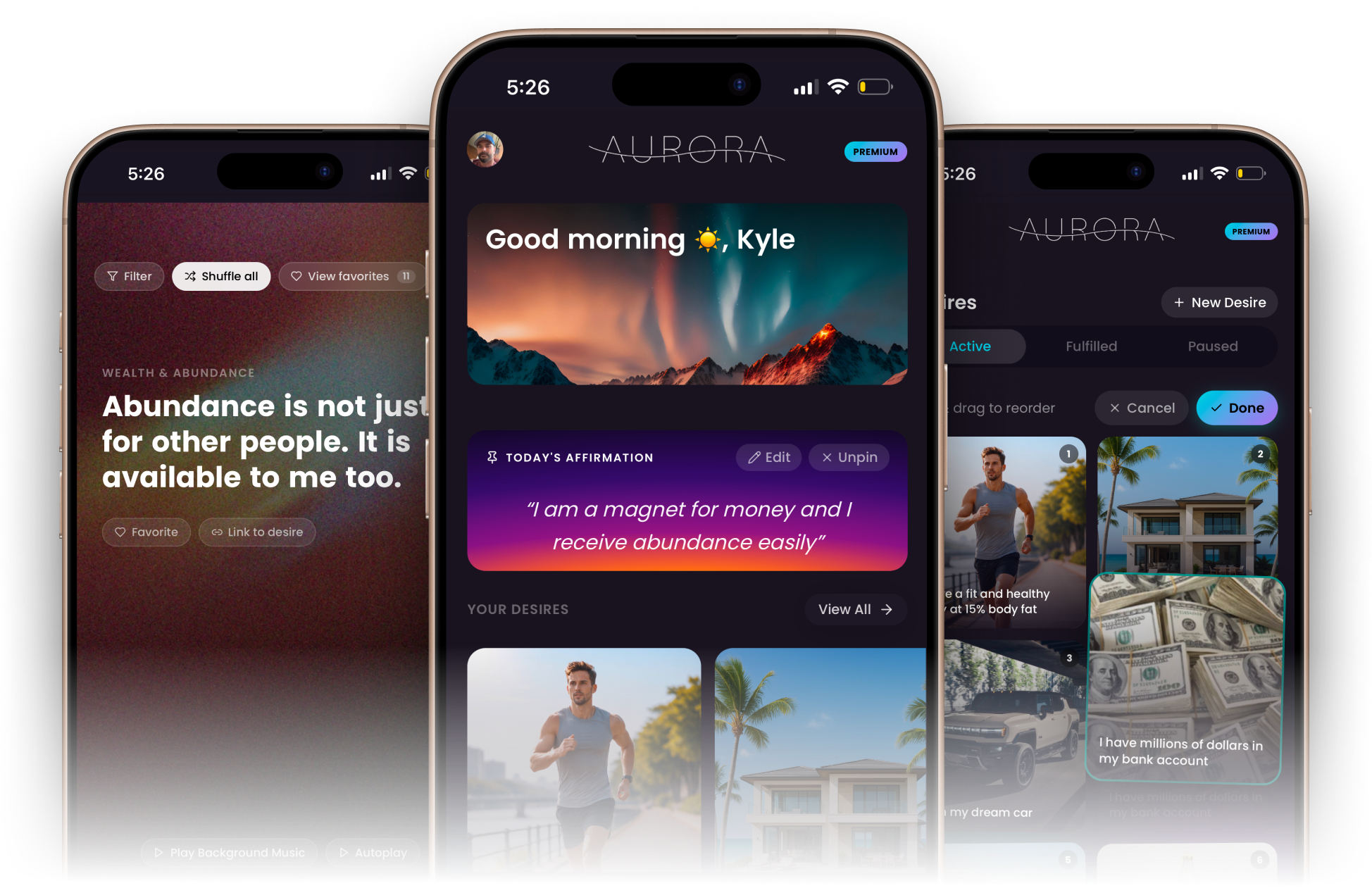 Aurora Path app showing desires, affirmations, and progress screens