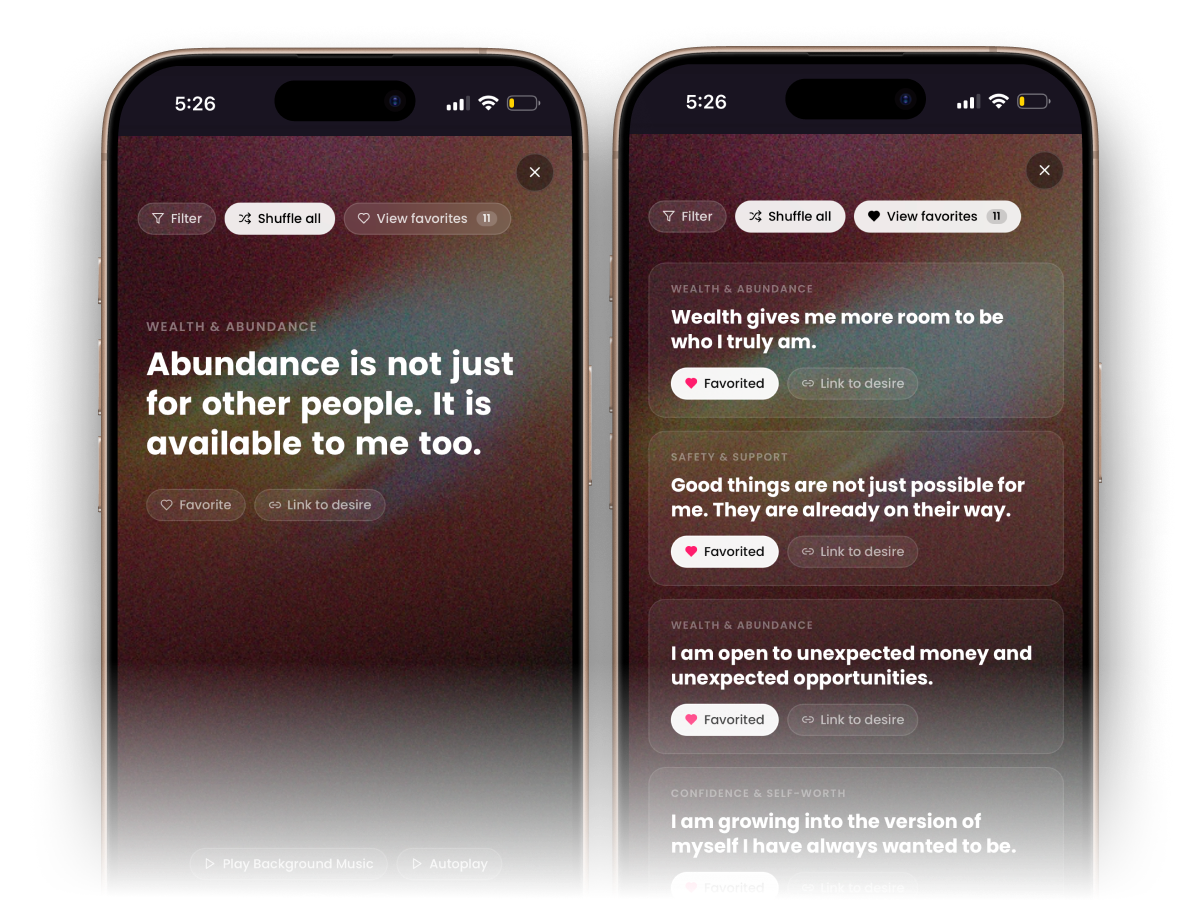 Aurora Path affirmations practice with favorites and autoplay