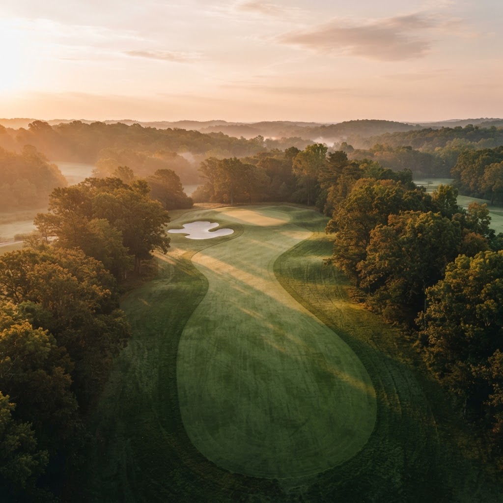 Aerial view of a golf course at sunrise