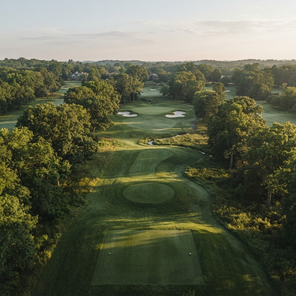 Aerial view of a golf hole from tee to green at golden hour
