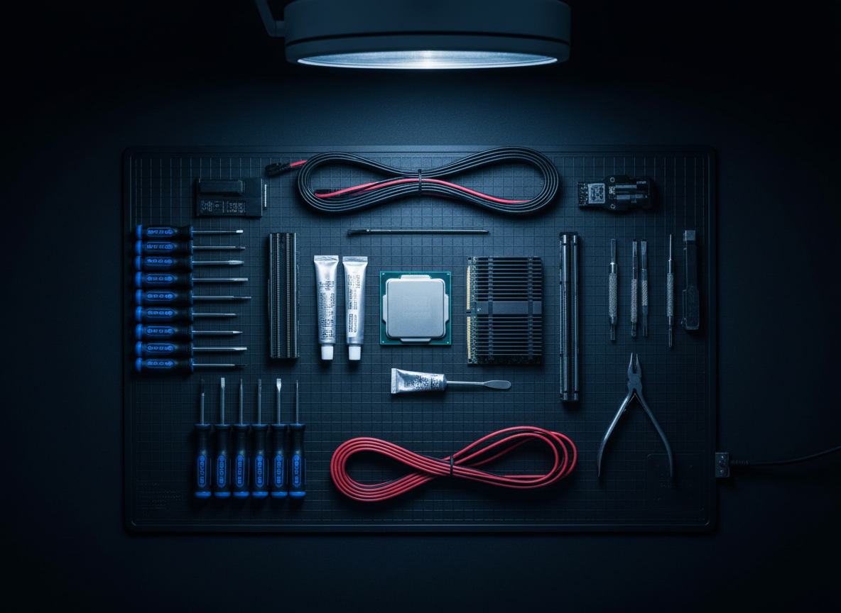 A RainTech technician working on a custom computer build