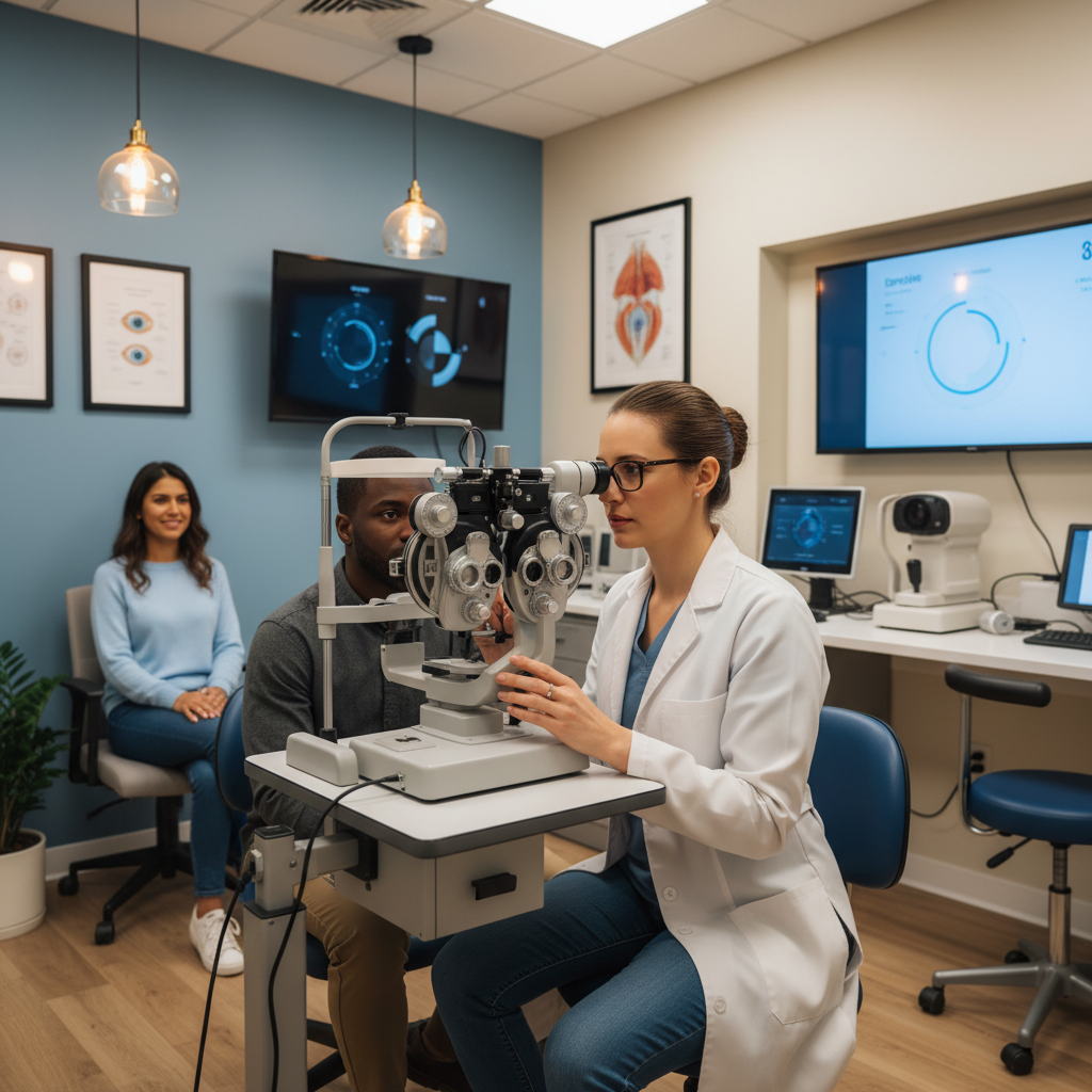Optometrist performing comprehensive eye exam on diverse patient