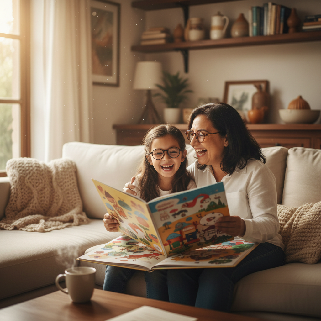 Grandmother and granddaughter reading together with glasses