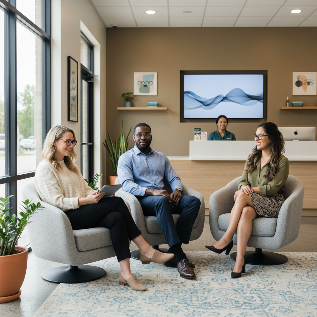 Diverse patients in eye clinic waiting area
