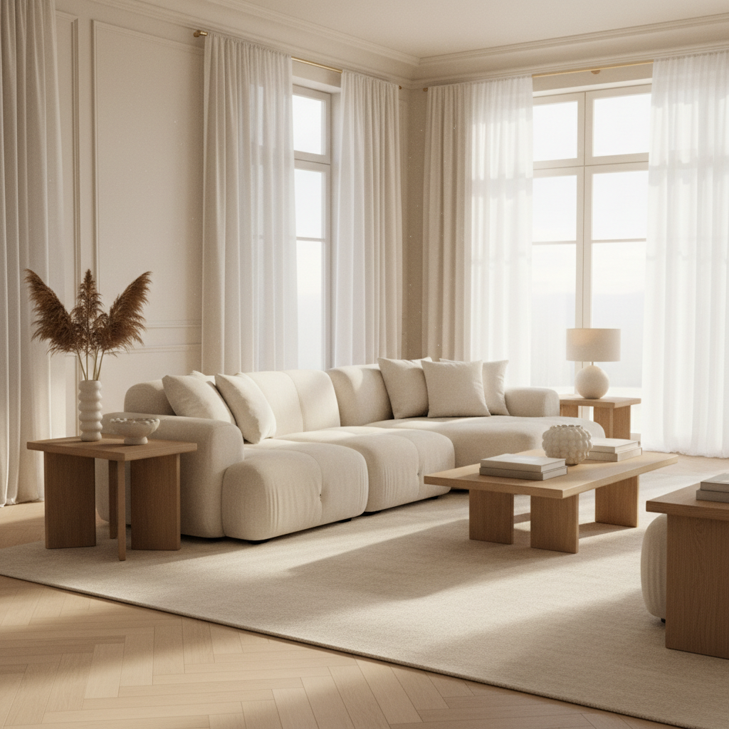 Plush cream Amora modular sofa in a bright, sunlit living room