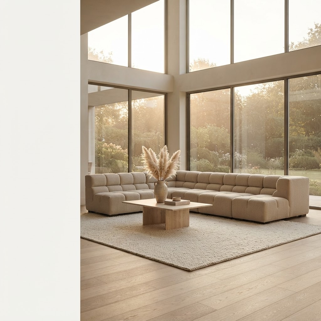 Plush cream Amora modular sofa in a bright, sunlit living room