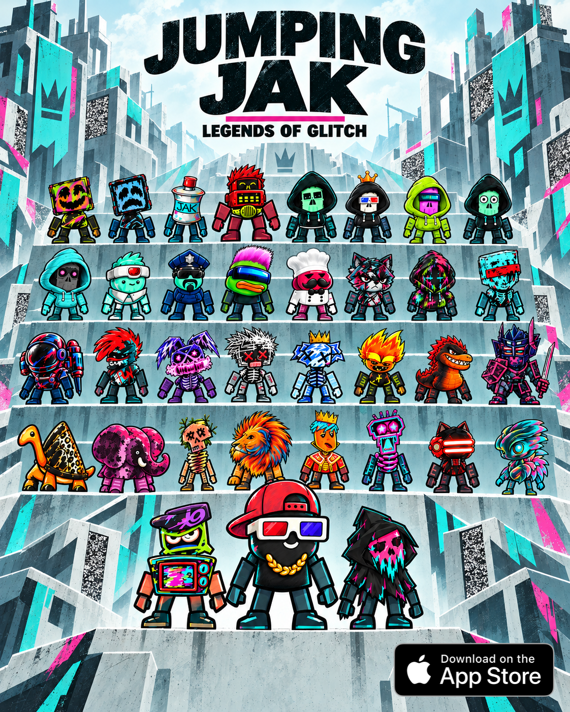 Jumping Jak: Legends of Glitch approved cover artwork: Jak at the center with characters from JAK's artwork around him, with an App Store badge shown as launch artwork
