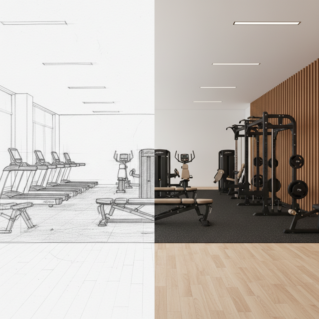 Layout de gimnasio - diseño conceptual y render 3D
