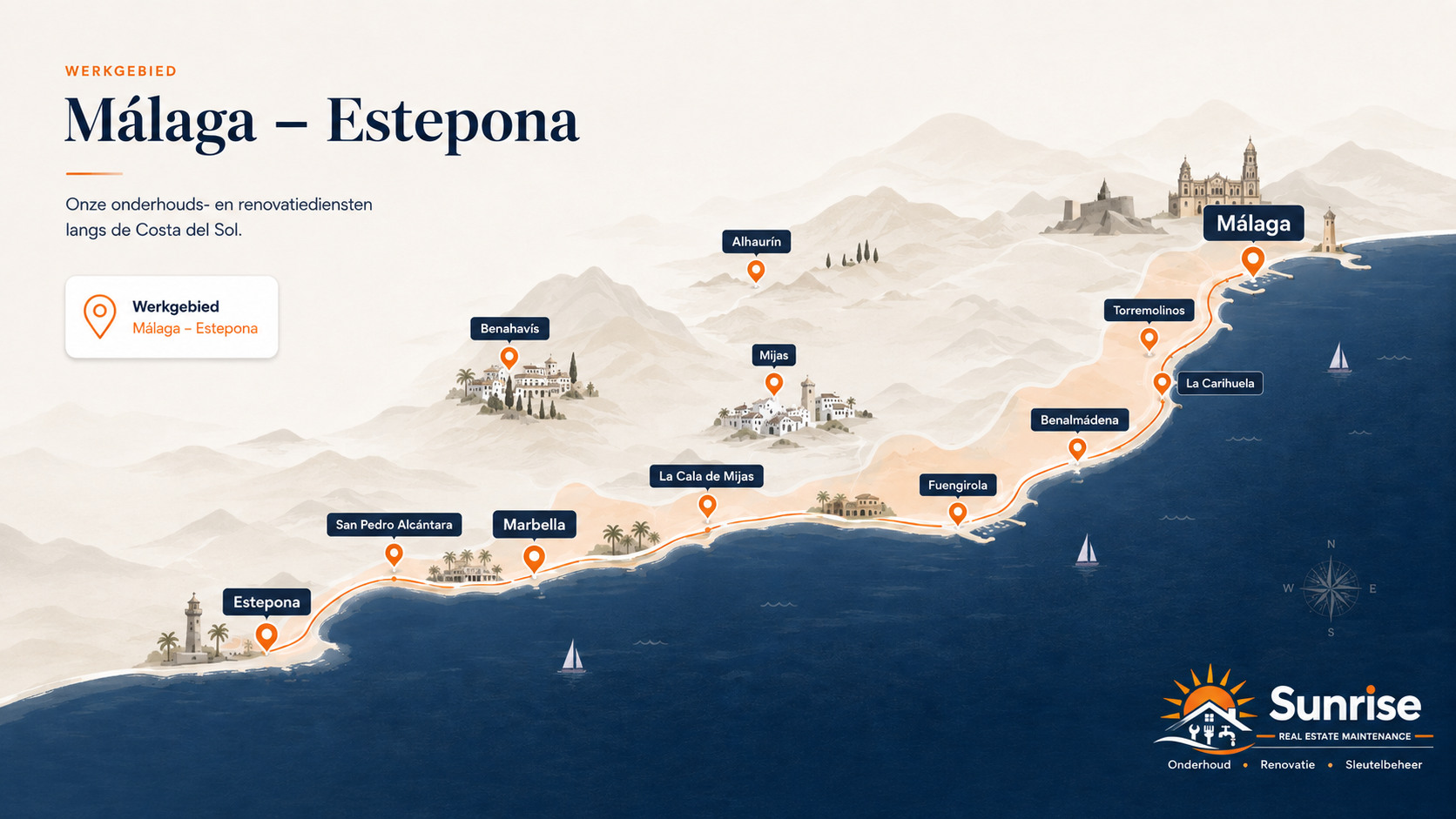Werkgebiedkaart Costa del Sol van Málaga tot Estepona, met Málaga, Torremolinos, Benalmádena, Fuengirola, Mijas, La Cala de Mijas, Marbella, San Pedro Alcántara, Benahavís en Estepona - Sunrise Real Estate Maintenance