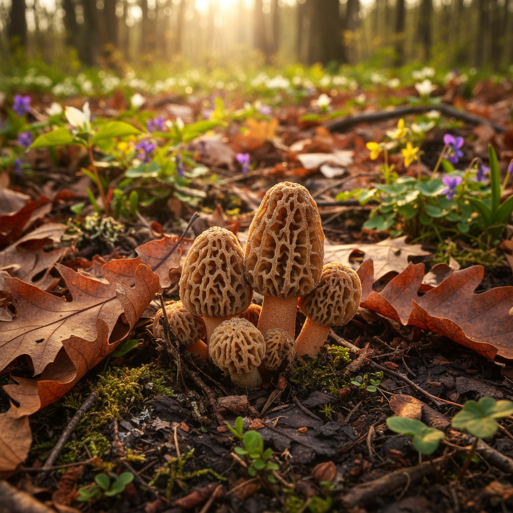 Fresh morel mushrooms on a forest floor surrounded by leaf litter in Illinois spring