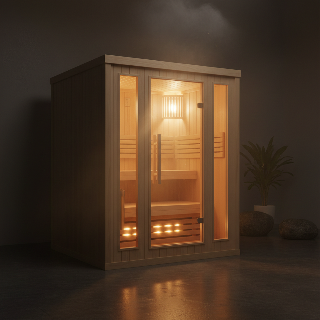 Near-infrared sauna panel glowing warm red light in a wooden home detox room