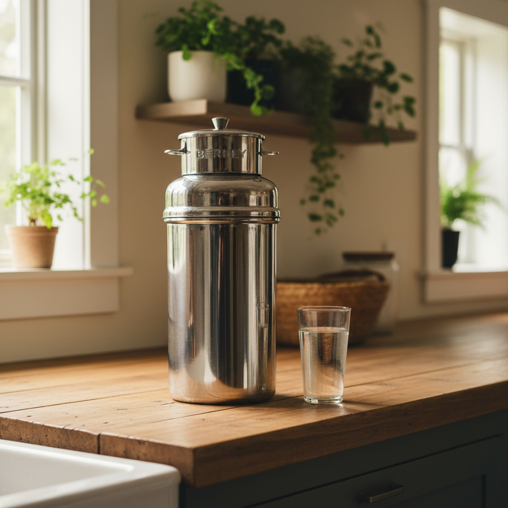 Berkey gravity water filter on a homestead kitchen counter next to fresh vegetables