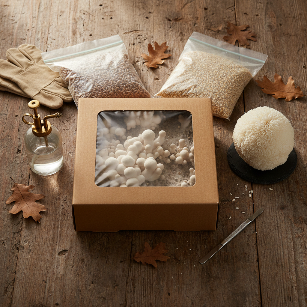 Oyster mushrooms growing from a substrate bag in a home cultivation setup