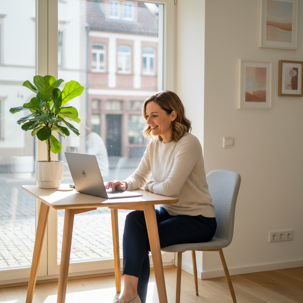 Unternehmerin am Laptop, zufrieden