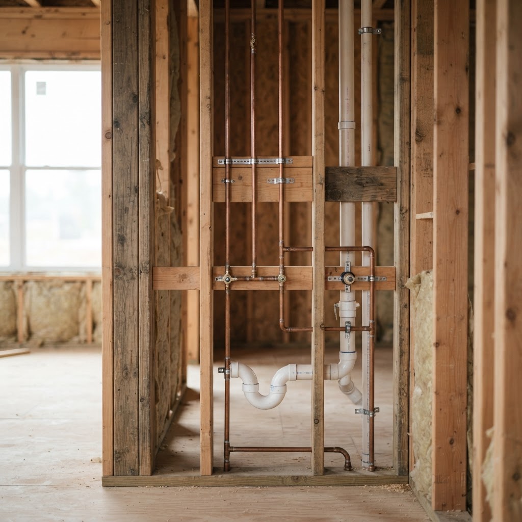 Bathroom wall rough-in plumbing with exposed copper and PVC pipes in open framing