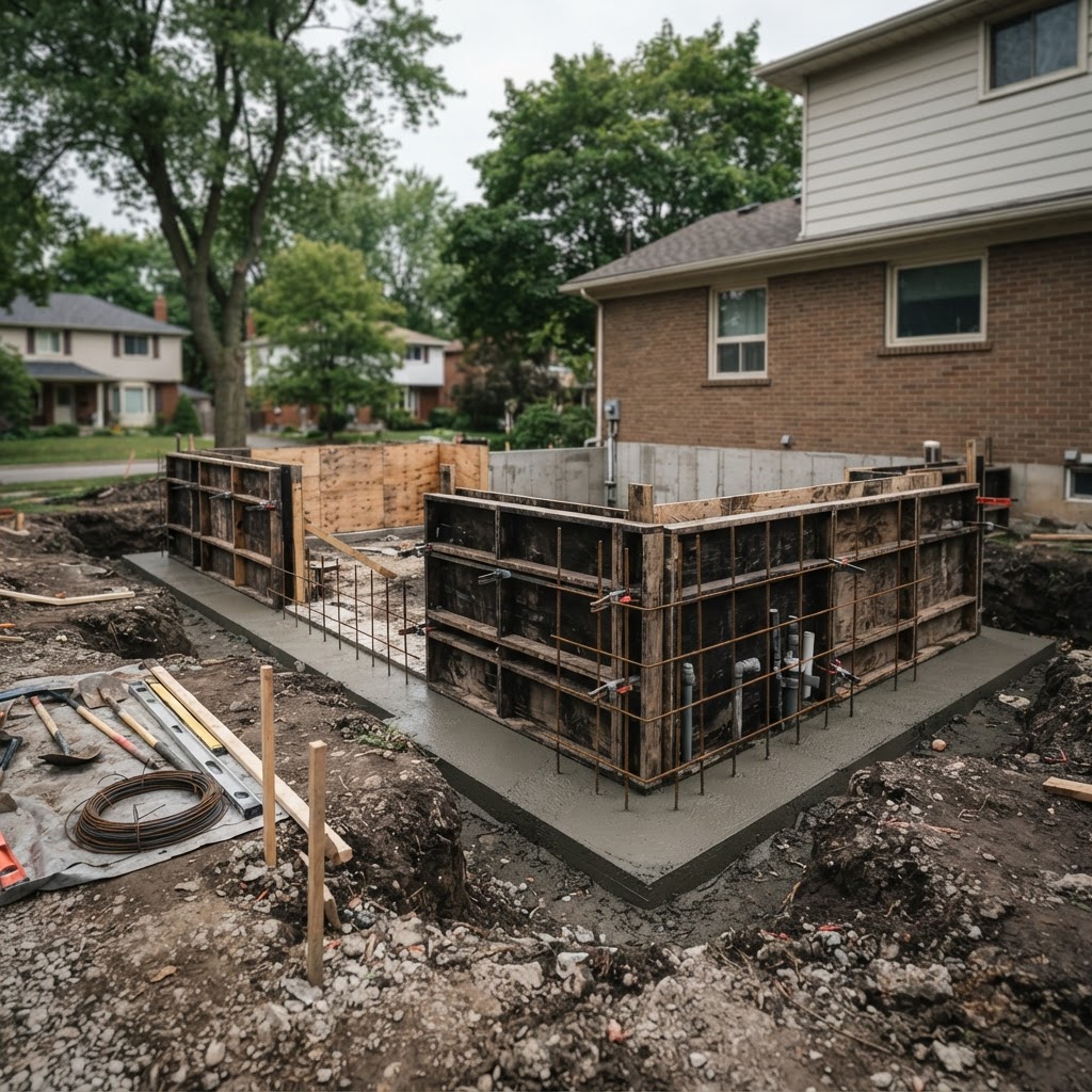 Home addition foundation under construction with poured concrete footings and formwork