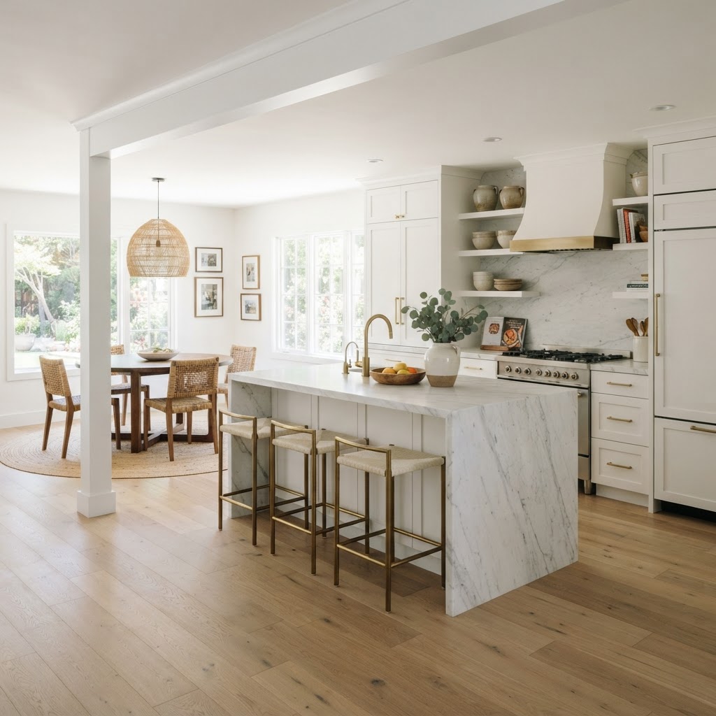 Open-concept transitional kitchen with a removed wall and white structural beam