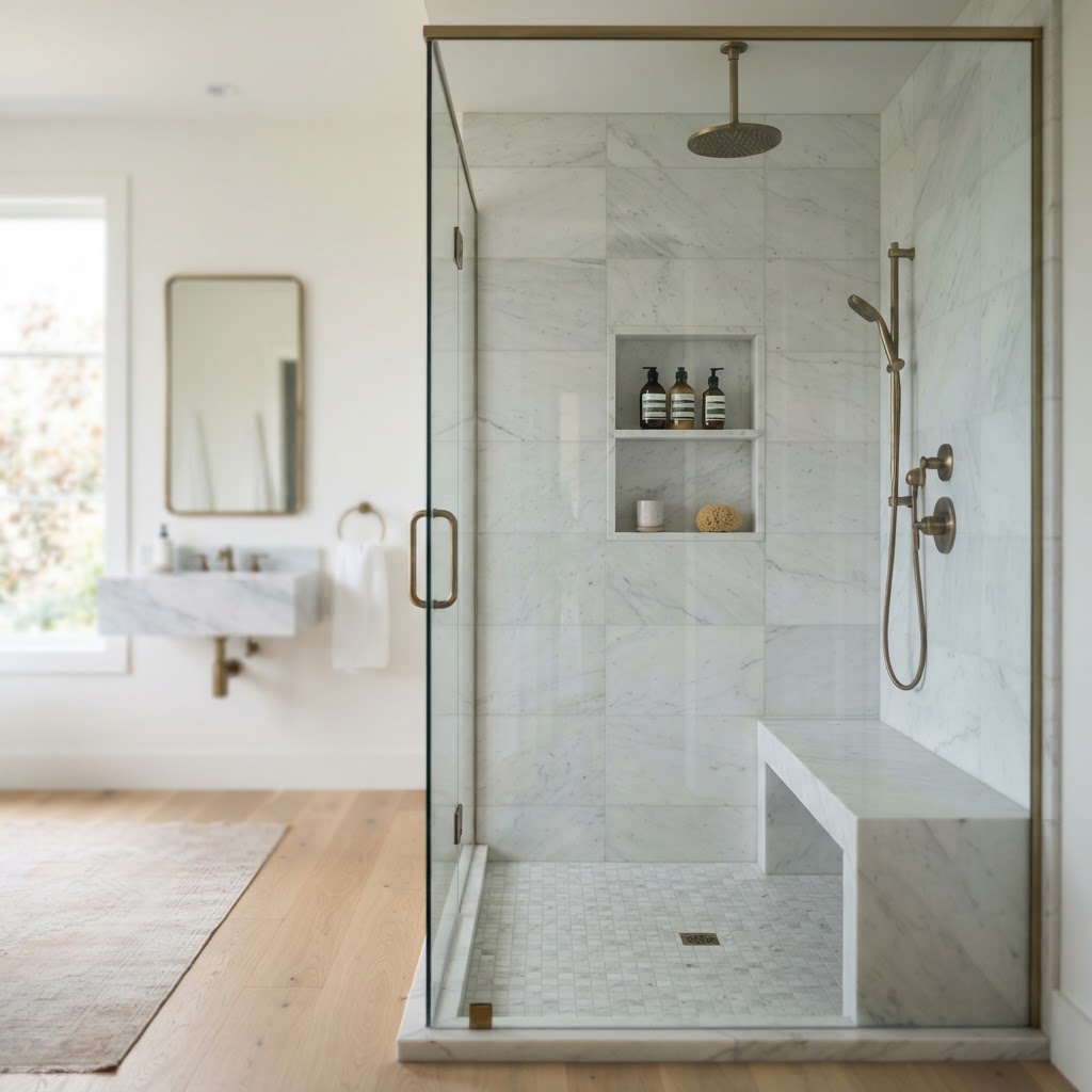 Custom glass-enclosed walk-in shower with marble bench, niche, and rain head