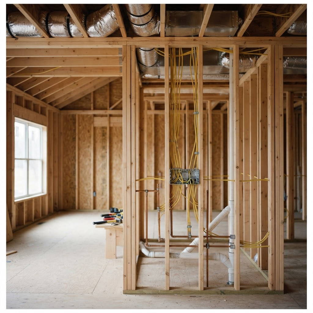 Home addition rough-in with exposed HVAC ductwork, plumbing, and electrical runs