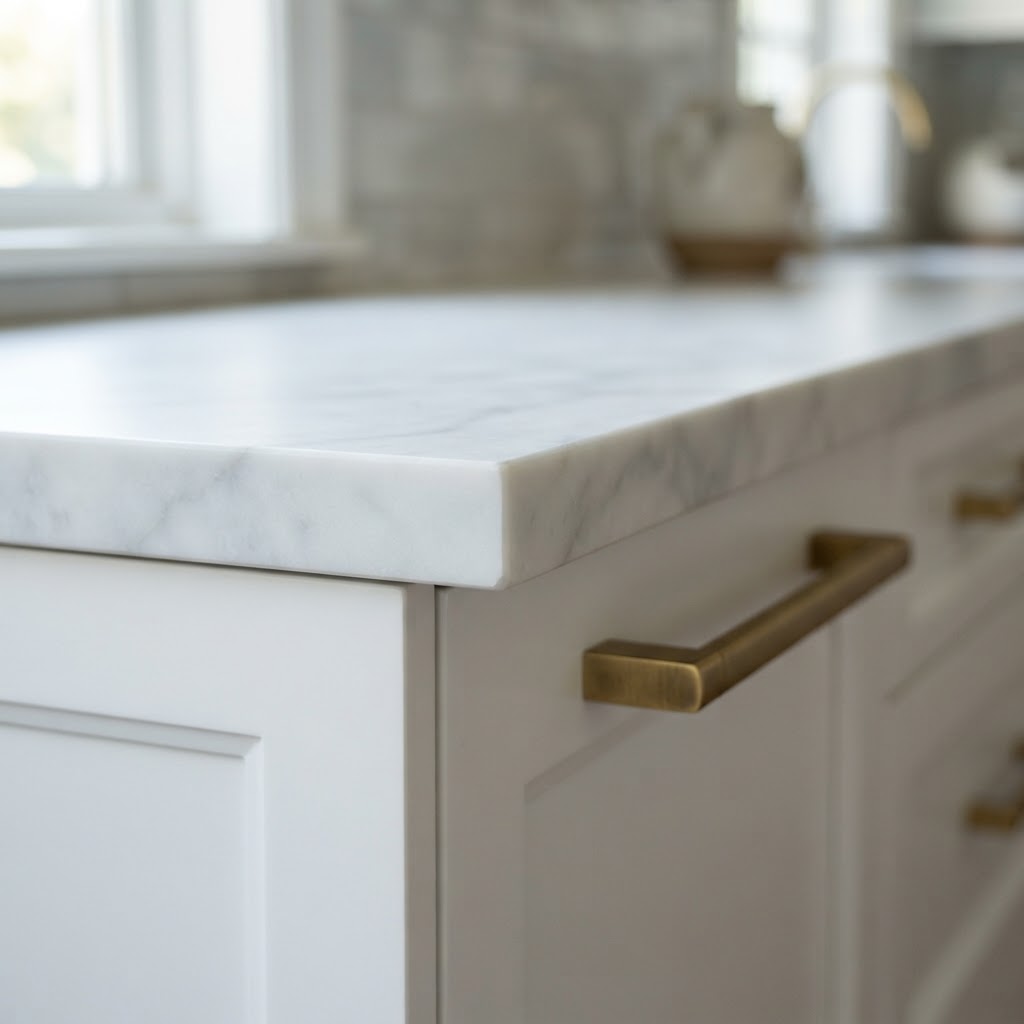 Honed marble countertop edge meeting a white shaker cabinet with brushed brass hardware