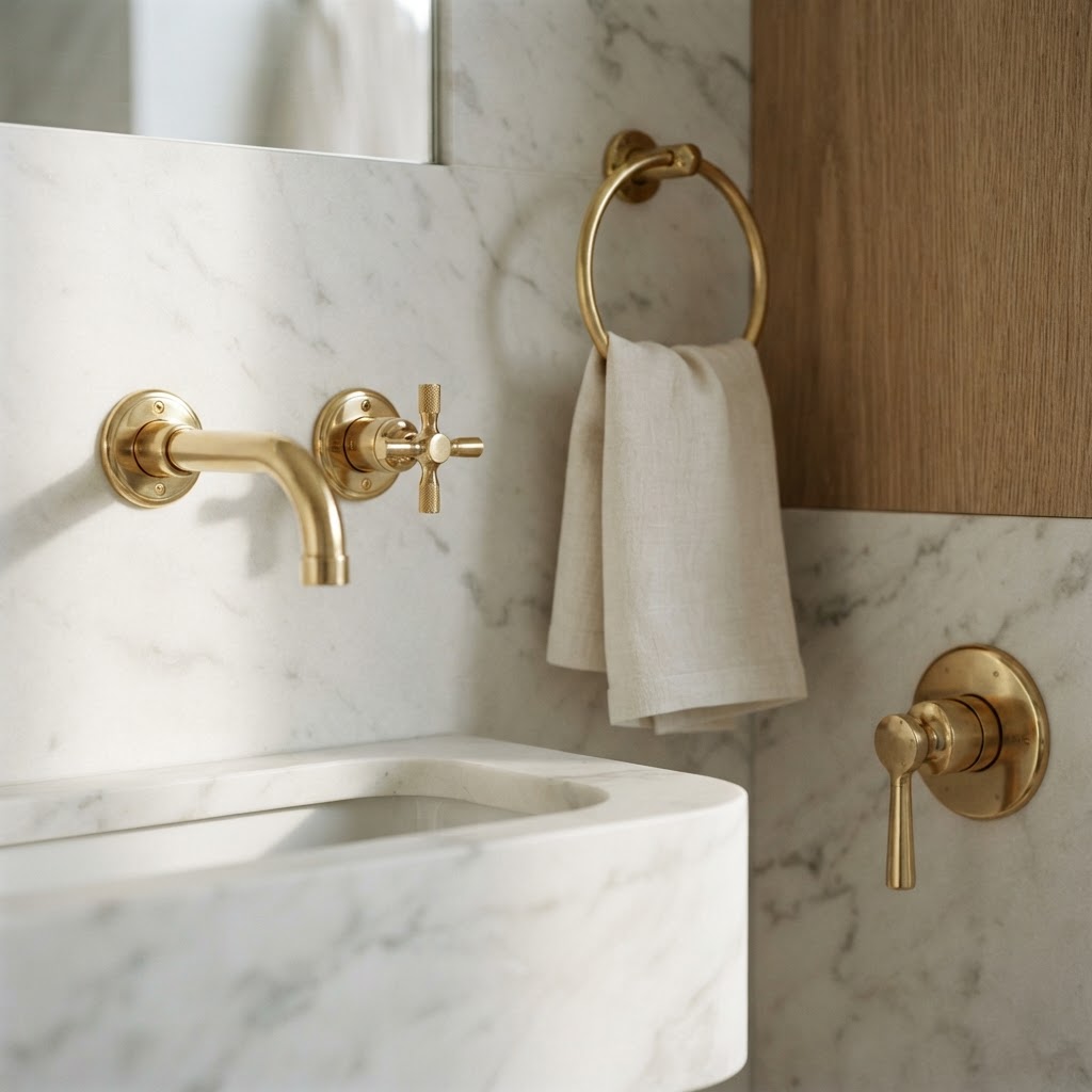 Polished brass bathroom fixtures against honed marble and white oak