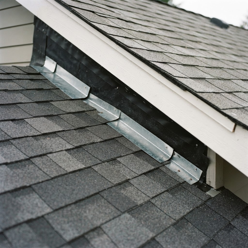 Roof tie-in where a new addition roof meets the existing roof with step flashing