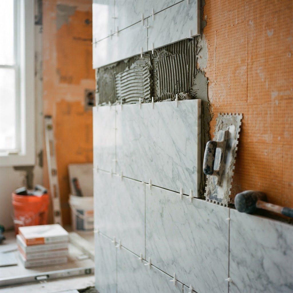Bathroom wall mid tile installation with thinset, spacers, and partial marble tile