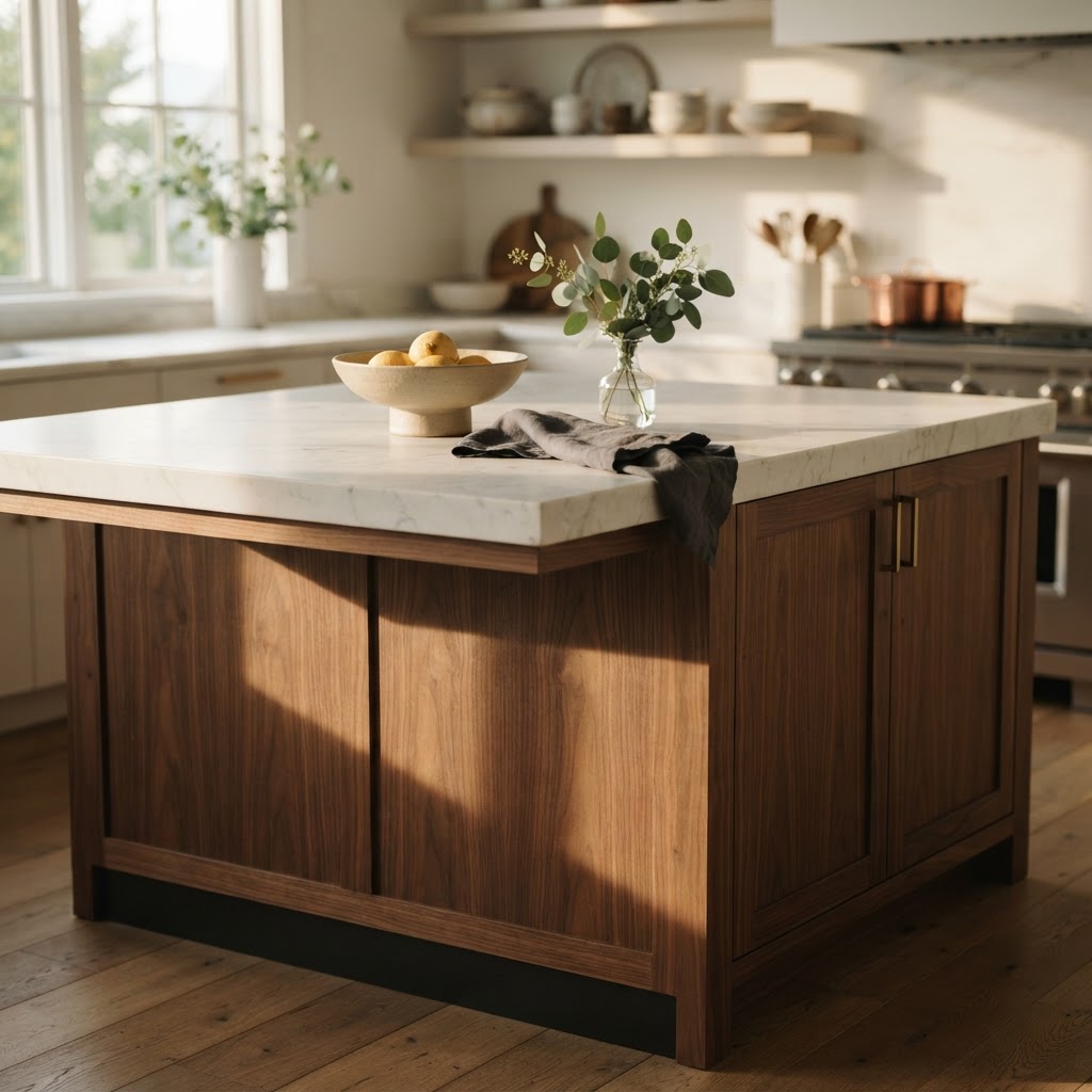 Finished kitchen island with honed marble top and warm walnut base