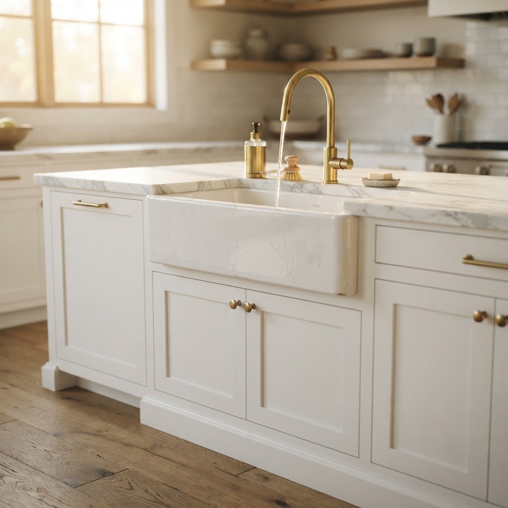 White fireclay farmhouse sink with a polished brass faucet in a white shaker kitchen