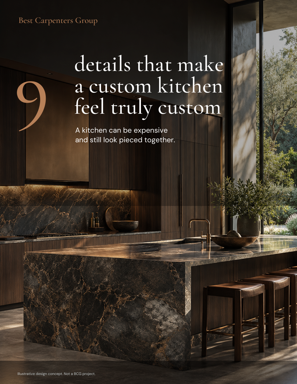 Cover of the guide: 9 Details That Make a Custom Kitchen Feel Truly Custom. Illustrative design concept, not a BCG project.