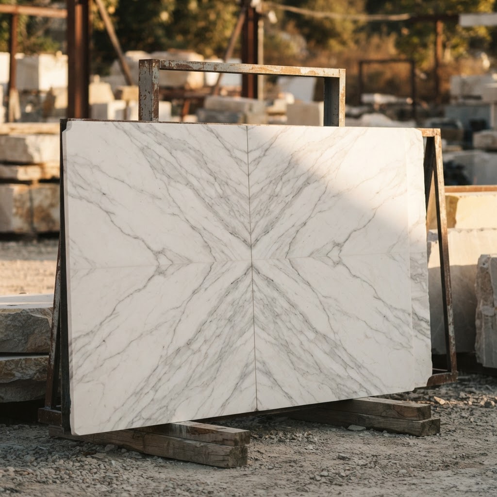 Book-matched honed white marble slab with soft grey veining in a stone yard