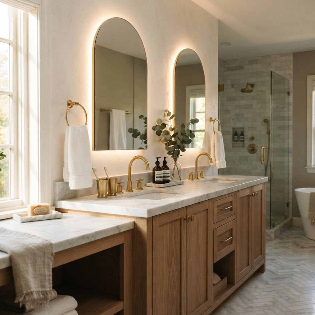 Double vanity with honed marble top, white oak cabinetry, and polished brass faucets
